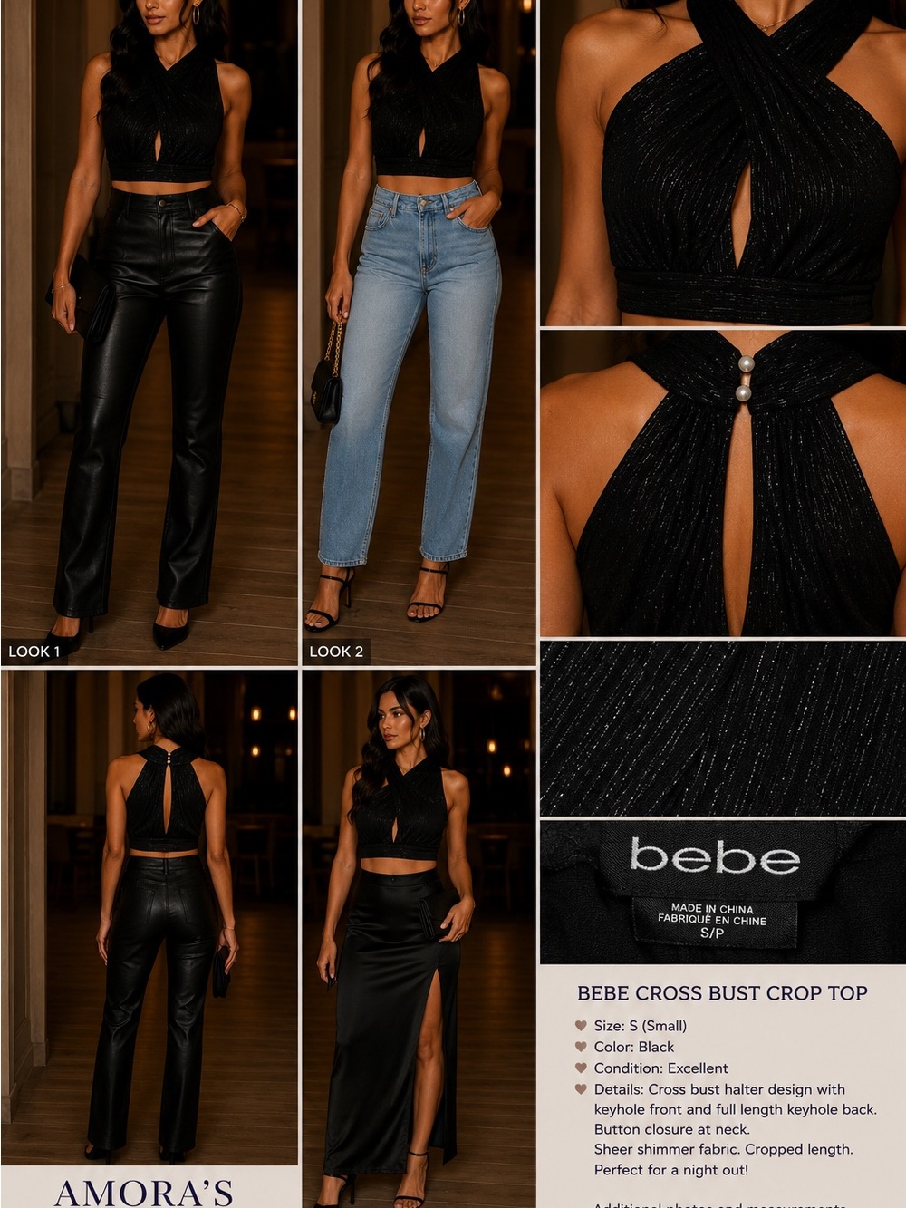 bebe Black Shimmer Cross-Halter Crop Top